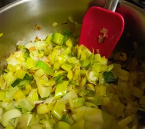 Leeks sauted in saucepan